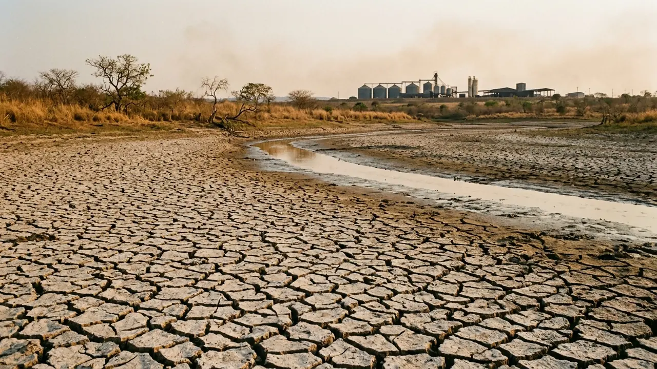 Leito rachado de um reservatório seco no cerrado, com os silos de uma agroindústria no horizonte