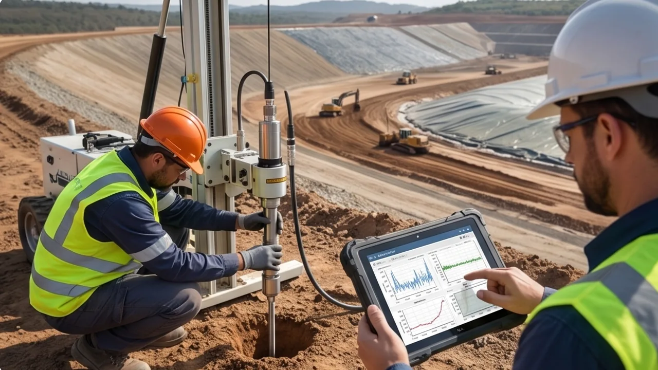 Técnicos instalando poço de monitoramento em campo, com os taludes de uma barragem de rejeitos ao fundo