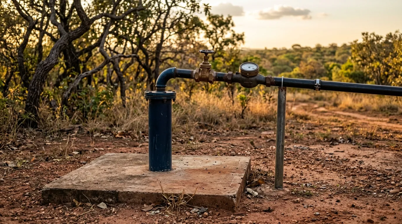 Poço tubular em propriedade do Cerrado goiano, com laje de proteção de concreto, registro e hidrômetro instalados na tubulação de saída