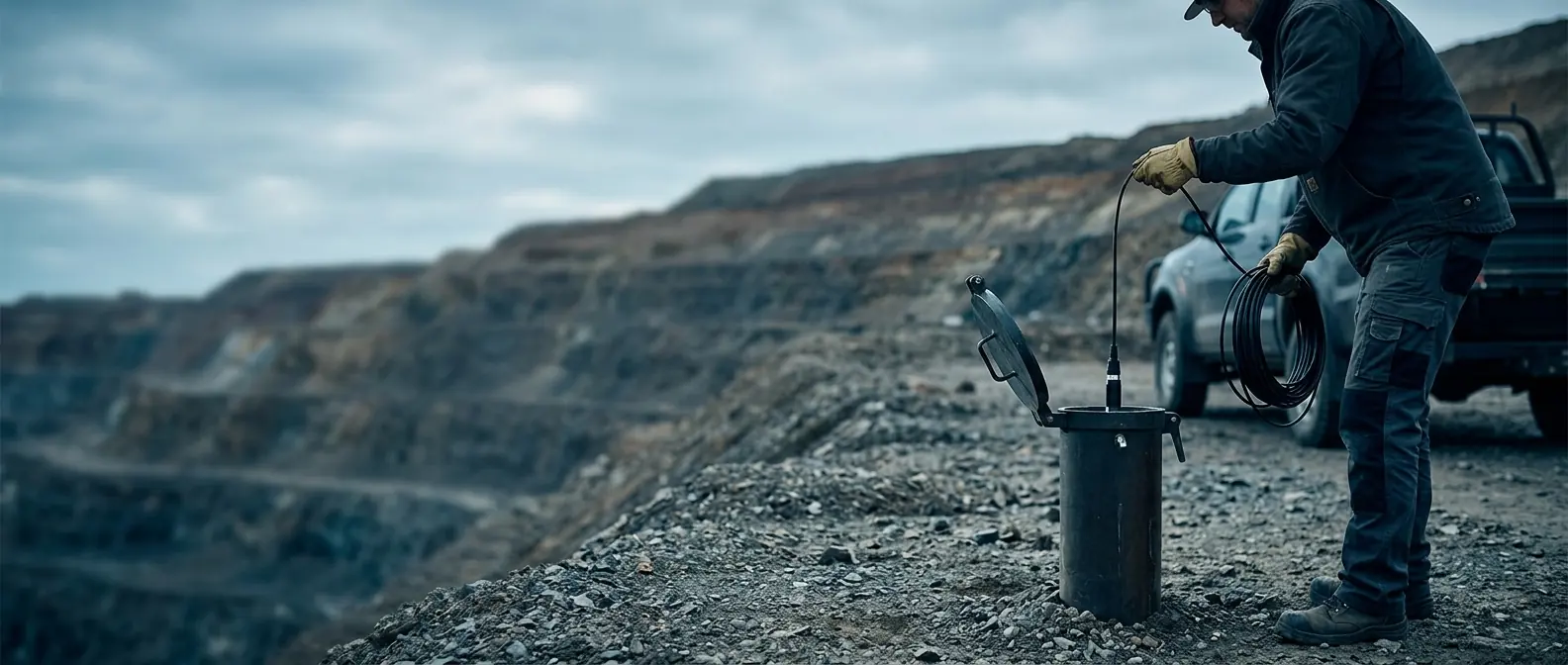 Técnico descendo sensor em poço de monitoramento piezométrico em área de mineração